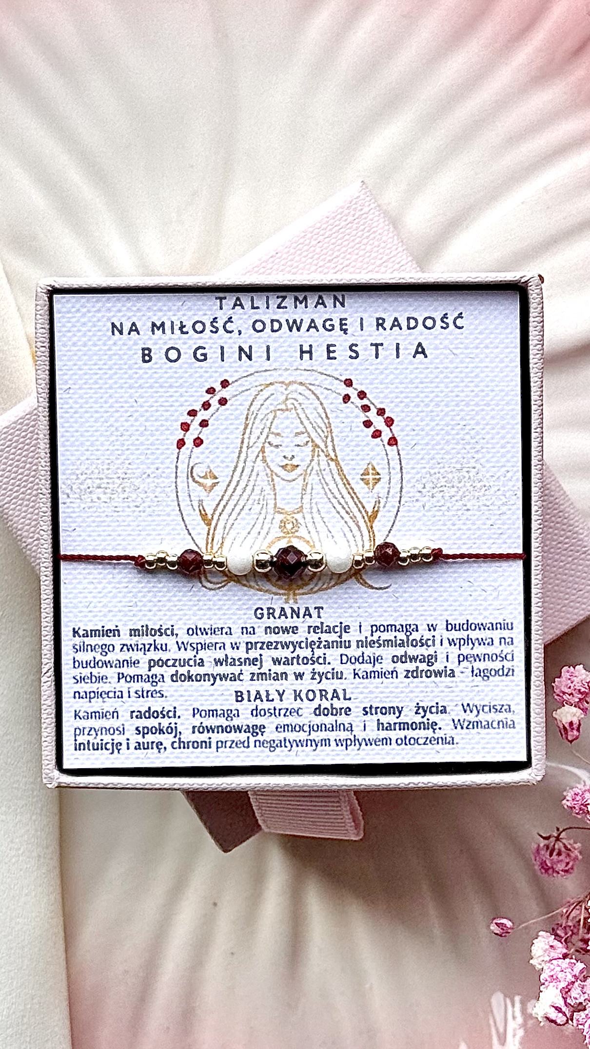 Bransoletka Talizman Bogini Hestia na miłość, odwagę i radość z granatem 1